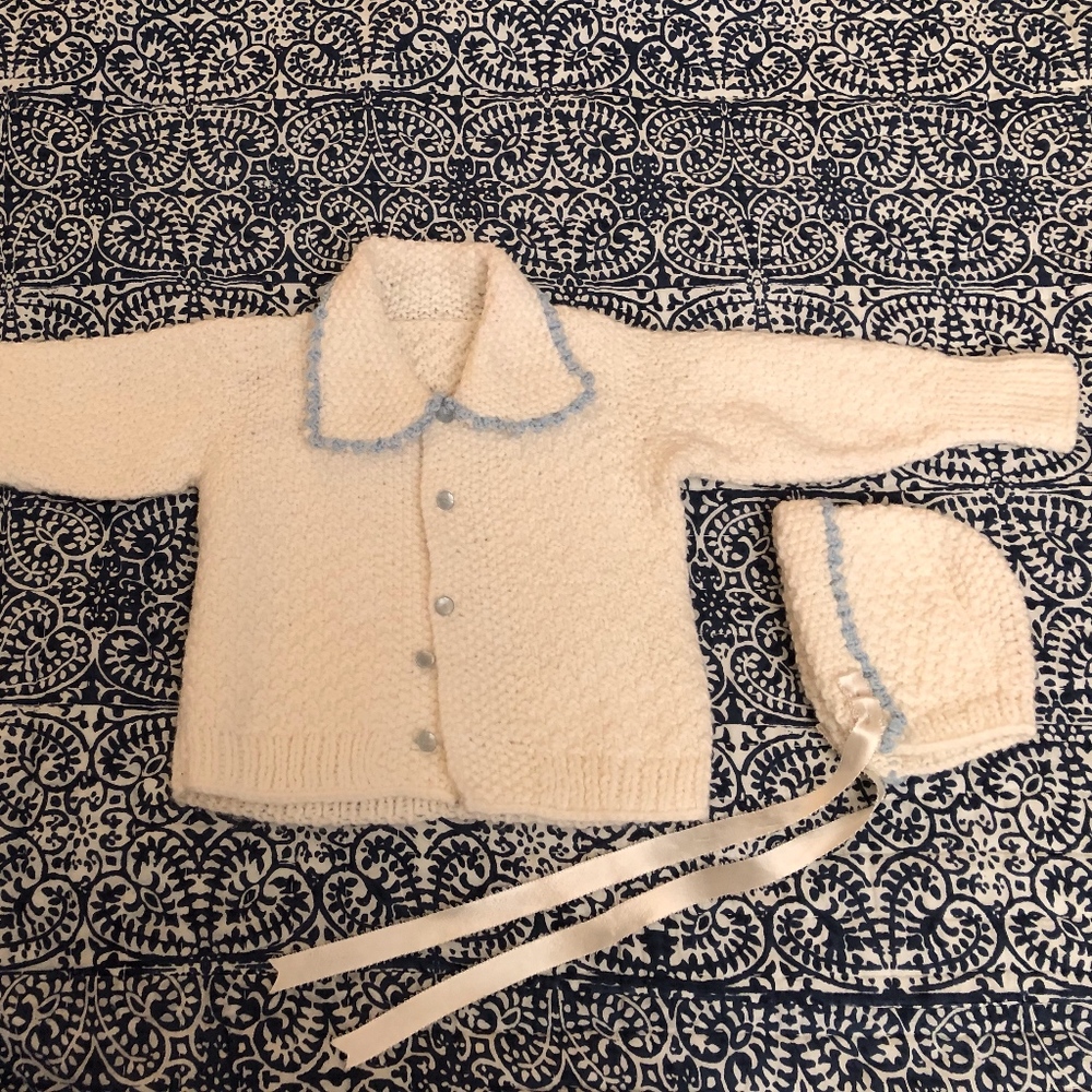 White Handknit Baby Sweater & Bonnet